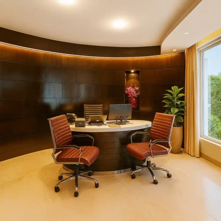 Modern consultation desk at Tattva Wellness Spa, Grand Mercure Agra with leather chairs, computer setup, and indoor plants.