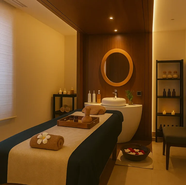 Single spa therapy room at Tattva Wellness Spa, Nagavara, Hebbal, Bengaluru, featuring a massage bed, warm lighting, and soothing interiors for relaxation.