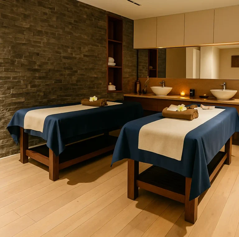 Luxurious Tattva Spa couple therapy room with two massage beds, warm lighting, and serene ambiance for a rejuvenating shared spa experience at Tattva Wellness Spa at Hilton Embassy GolfLinks in Challaghatta, Bangalore