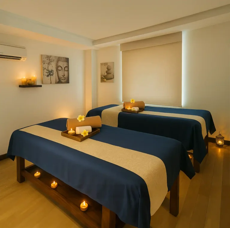 Couple spa room at Tattva Wellness Spa, Novotel Business Park, Bellandur, Bengaluru, featuring twin massage beds, candles, and calming interiors for a relaxing spa experience.