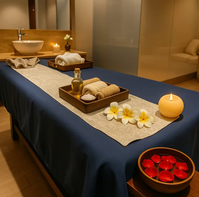 Beautifully arranged single spa therapy room at Tattva Wellness Spa, Hilton Embassy GolfLinks, Challaghatta, Bangalore — featuring candles, flowers, and premium wellness essentials.