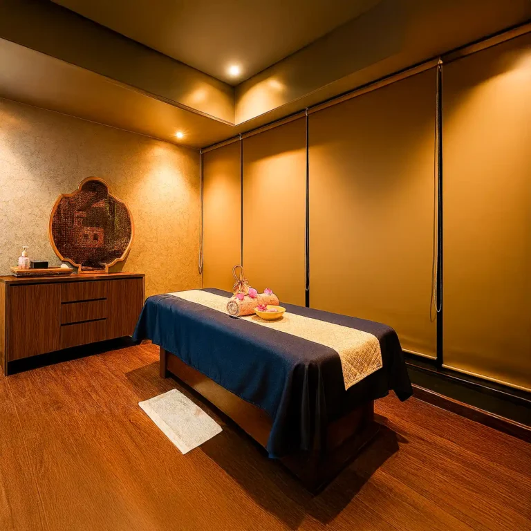 Single spa therapy room at Tattva Wellness Spa with warm lighting, elegant interiors, and a neatly arranged massage bed for relaxation and rejuvenation.