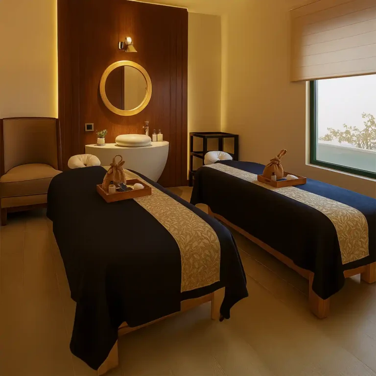 Couple spa room at Tattva Wellness Spa, Nagavara, Hebbal, Bengaluru, featuring twin massage beds, warm lighting, and elegant interiors for a shared rejuvenating experience.