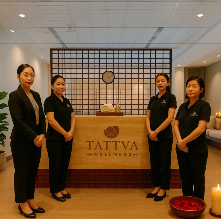 Team of professional healers at Tattva Wellness Spa, Hilton Embassy GolfLinks, Bangalore, ready to deliver relaxing and rejuvenating spa therapies.