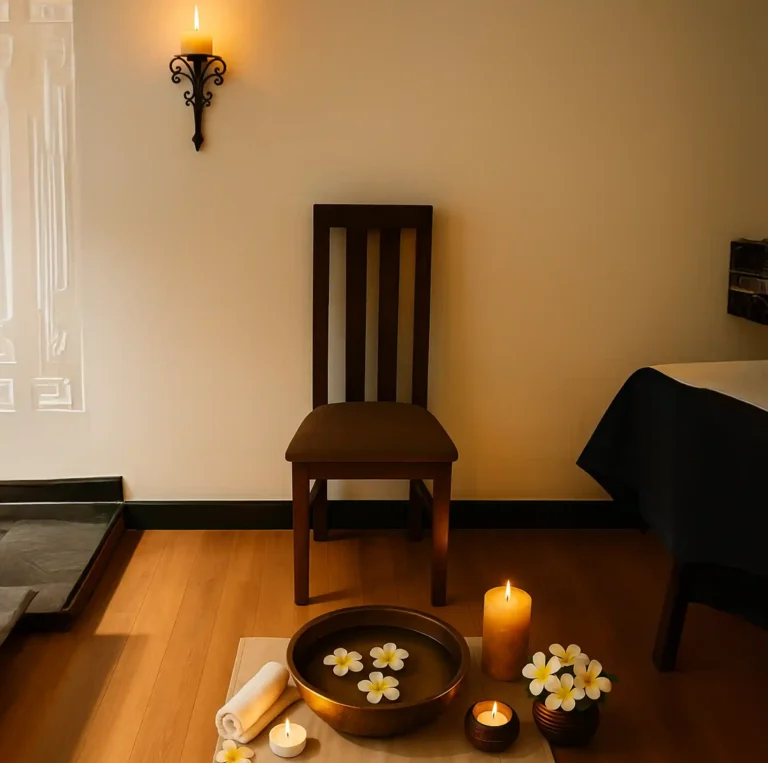 Spa therapy setup at Tattva Wellness Spa, Novotel Business Park, Bellandur, Bengaluru, featuring candles, frangipani flowers, and a serene ambiance for relaxation.