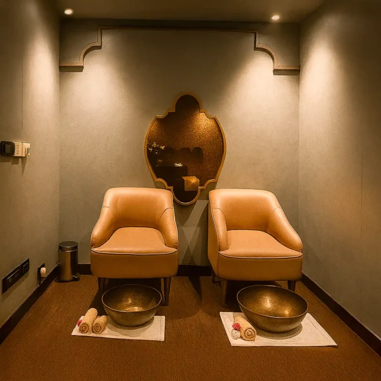 Foot ritual lounge at Tattva Wellness Spa with comfortable seating, warm lighting, and copper bowls arranged for a soothing spa experience.