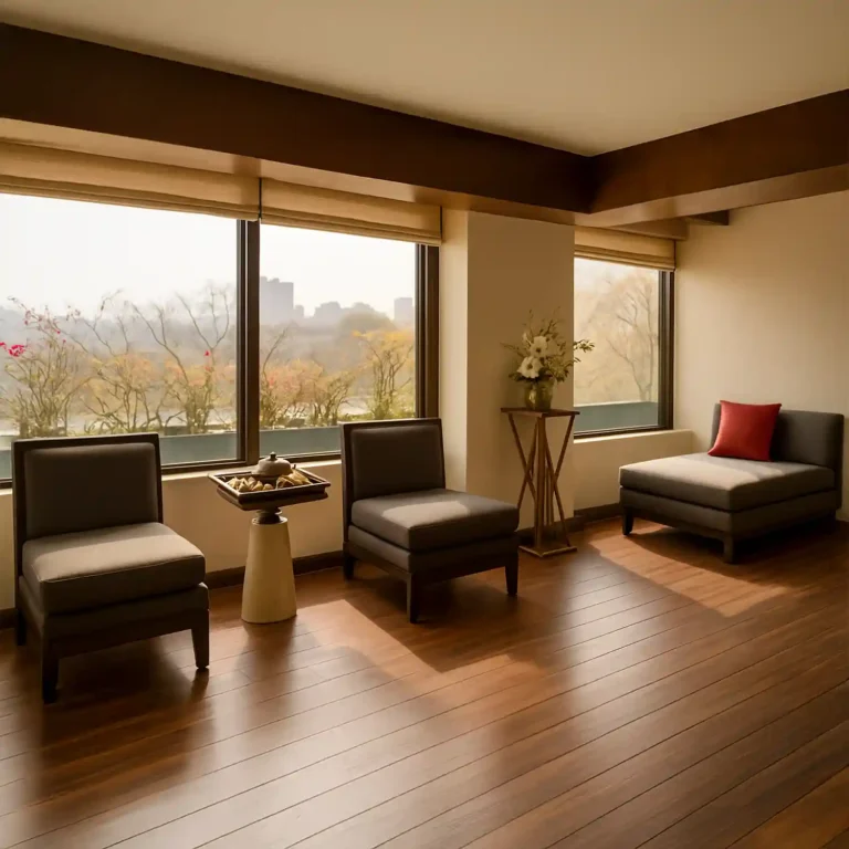 Relaxation lounge at Tattva Wellness Spa, Nagavara, Hebbal, Bengaluru, featuring cozy seating with large windows overlooking serene outdoor views.