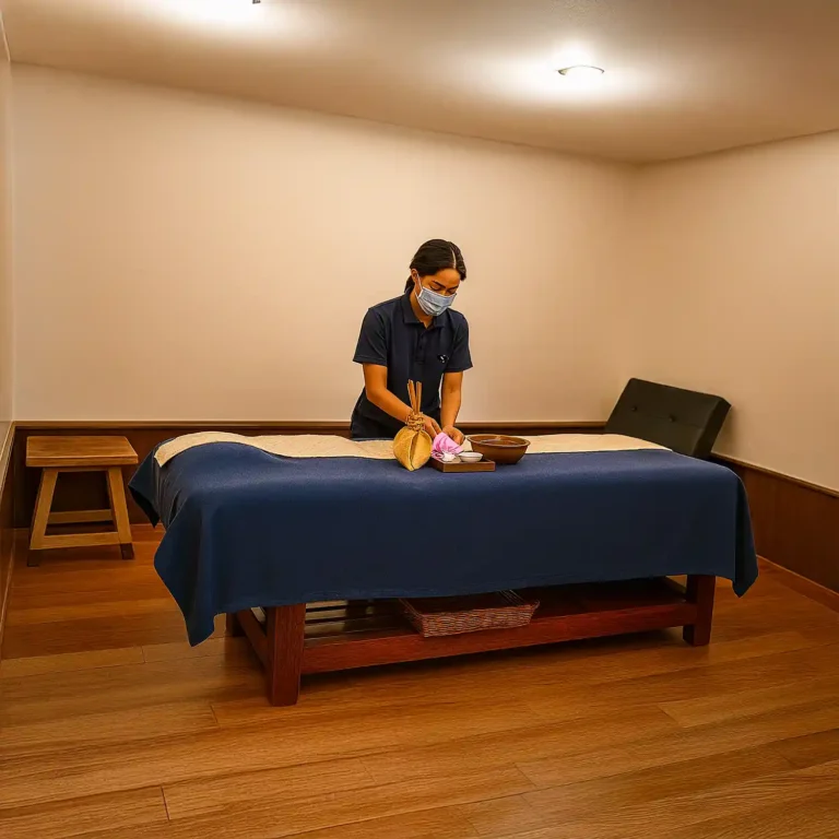 Spa therapist preparing a massage bed at Tattva Wellness Spa, ensuring comfort, hygiene, and readiness for a rejuvenating therapy session.