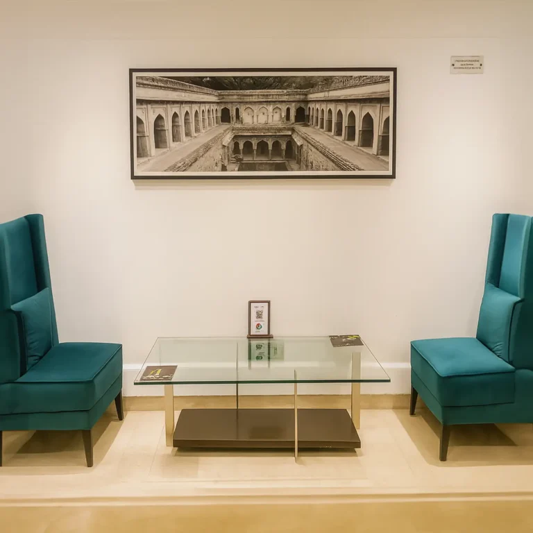 Modern spa lounge at The Spa in Lemon Tree, Sector-29, Gurugram with teal chairs and elegant wall art.