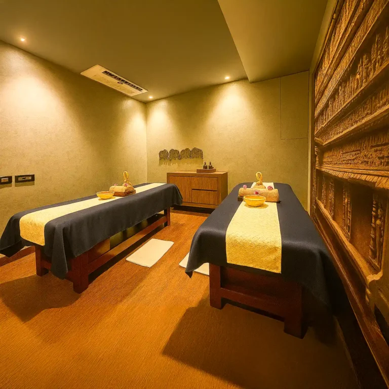 Couple spa therapy room at Tattva Wellness Spa with twin massage beds, soothing interiors, and warm lighting for a relaxing shared experience.