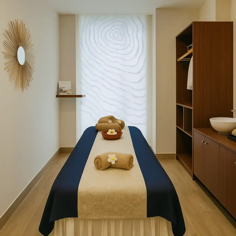 Tranquil massage room at Tattva Wellness Spa, Four Points by Sheraton Chennai, showcasing a neatly dressed massage bed with navy and beige linens, rolled towels, frangipani flowers, and soft natural lighting for a peaceful experience.