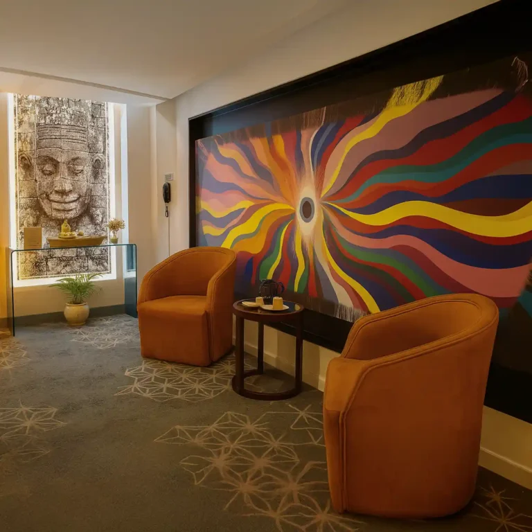Comfortable lounge area at Tattva Wellness Spa, Four Points by Sheraton Chennai, with two mustard armchairs, a round coffee table, and a vibrant wall mural radiating colorful energy, symbolizing relaxation and renewal.