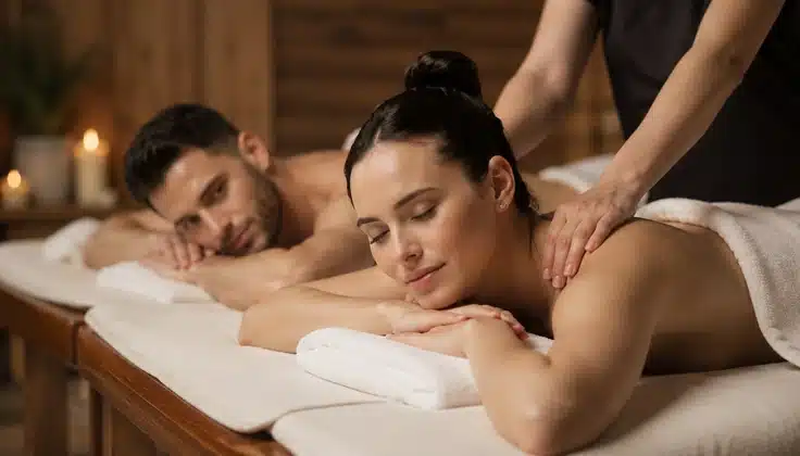 Couple enjoying a relaxing spa date with a massage treatment in a serene spa setting.