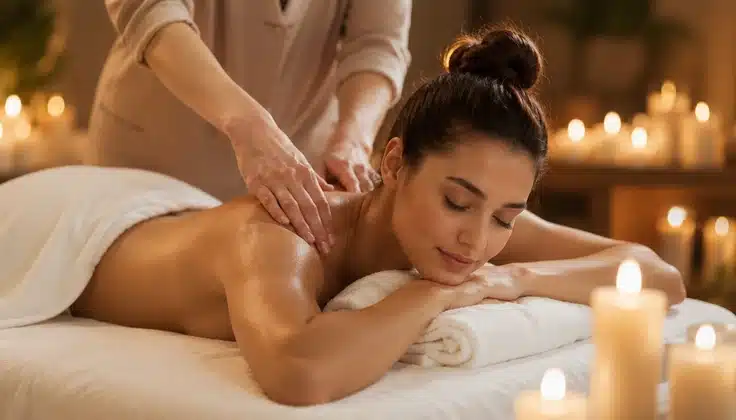 Woman relaxing during a soothing back massage at a peaceful spa.