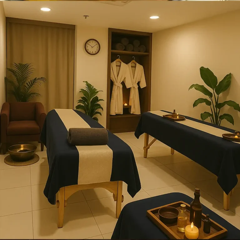 Couple therapy room at Too Yoo Spa & Salon featuring twin massage beds, robes, candles, and calming ambiance.