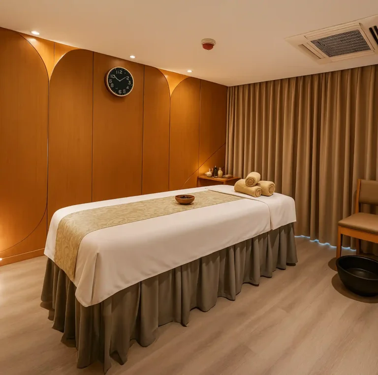 Single therapy room at Tattva Wellness Spa, Courtyard by Marriott Colva Goa, featuring a neatly arranged massage bed with rolled towels, warm lighting, and wooden interiors creating a calm and inviting atmosphere.