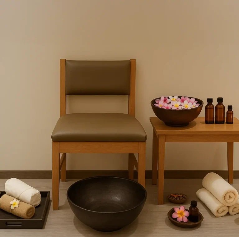 Foot massage and pre-treatment ritual setup at Tattva Spa, Courtyard by Marriott Colva Goa, with a wooden chair, bowl filled with water and frangipani flowers, aromatic oils, and neatly folded towels.