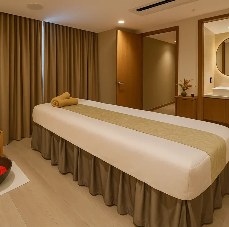 Elegant spa therapy room at Tattva Wellness Spa in Courtyard by Marriott Colva Goa, showcasing a massage bed with golden linen, soft drapes, and a flower bowl, creating a serene atmosphere.