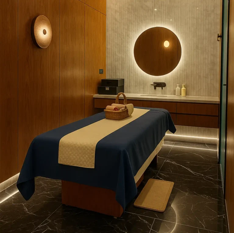 Luxurious single spa therapy room at Tattva Wellness Spa with elegant wooden interiors, soft lighting, and a neatly arranged massage bed for relaxation.