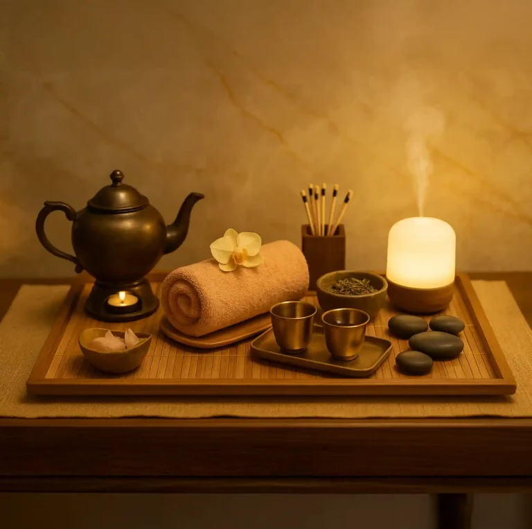 Spa essentials at Tattva Wellness Spa including herbal tea, rolled towel, diffuser, and hot stones arranged for a calming wellness experience.