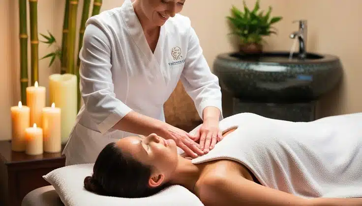 Woman receiving a relaxing Full Body Massage from a therapist in a calm spa setting.
