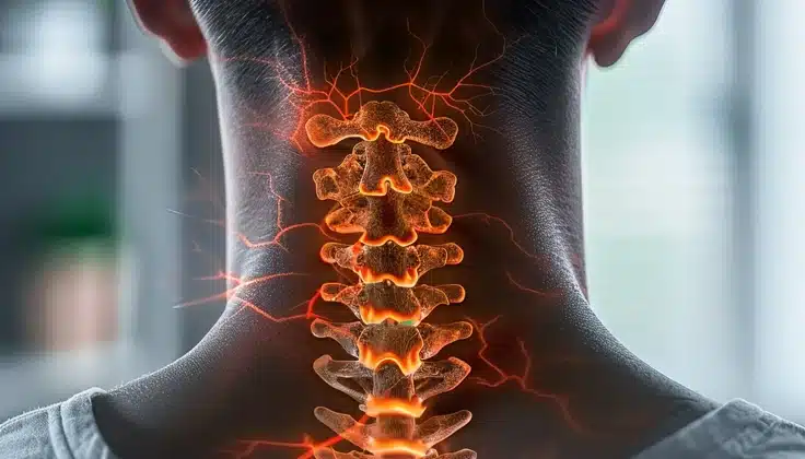 Illustration of cervical spine highlighting neck pain and inflammation.