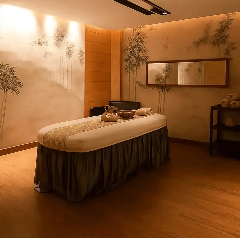 Serene massage therapy room at The Vritti Spa by Tattva, Crowne Plaza Greater Noida with bamboo wall art and soft lighting.”