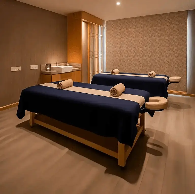 Couple spa therapy room at Tattva Wellness Spa, Radisson Noida Sector 55 with twin massage beds and warm lighting.