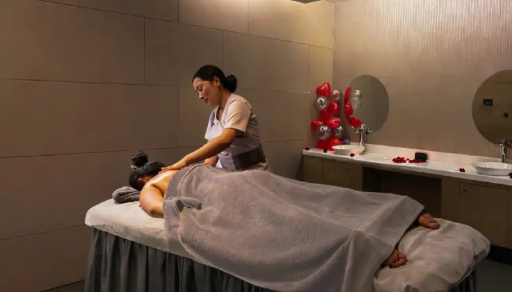 Therapist provides a relaxing spa treatment to a woman in a romantic and peaceful setting at Tattva Spa