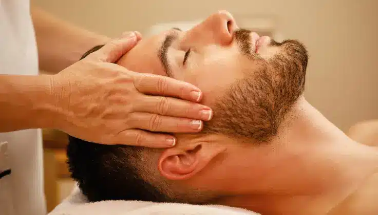Head massage therapy for anxiety relief — calming Indian champi technique at Tattva Spa