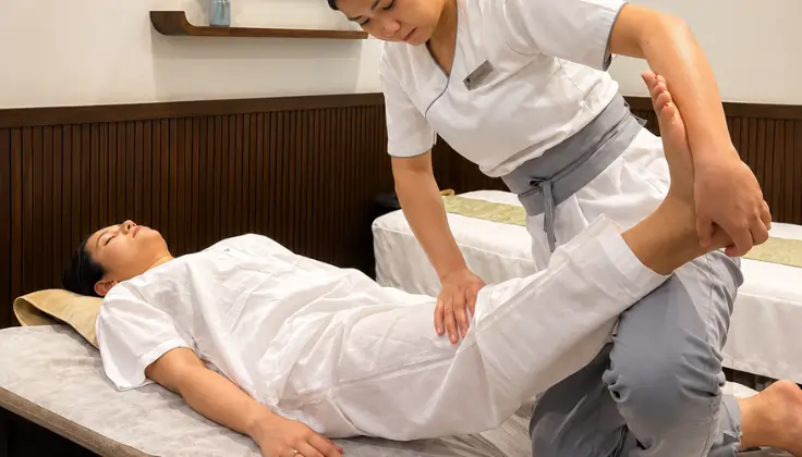 Guest receiving Tattva Signature Yoga Massage with assisted leg stretching techniques at Tattva Spa.