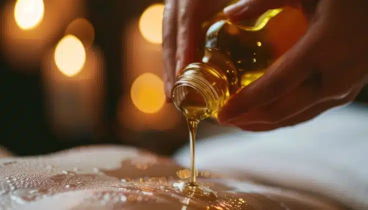 Ayurvedic and essential massage oils used for relaxation, wellness, and rejuvenating massage therapies.