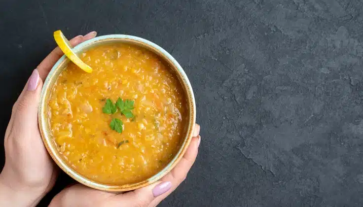 Varsha Ritucharya by Tattva – warm moong dal khichdi served as a light, nourishing, and easy-to-digest monsoon meal.