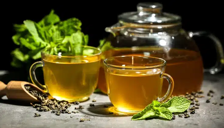 Varsha Ritucharya by Tattva – warm herbal tea with fresh mint, symbolising healthy monsoon diet and wellness habits.