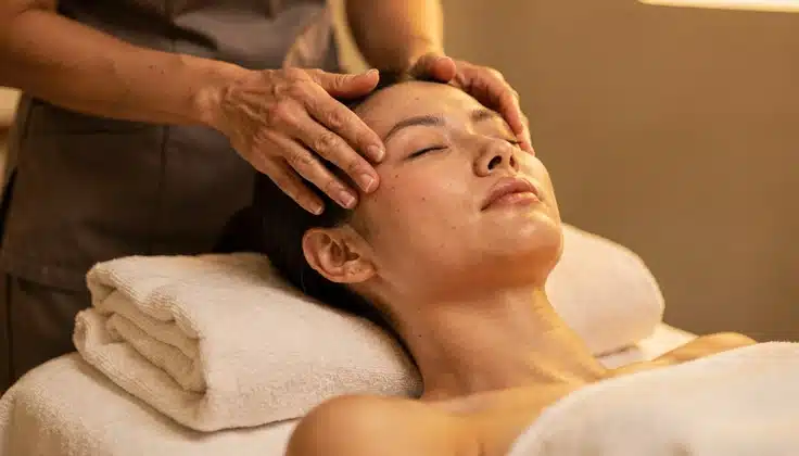 Guest receiving an illuminating face and body mask treatment for monsoon body care at Tattva Wellness Spa.