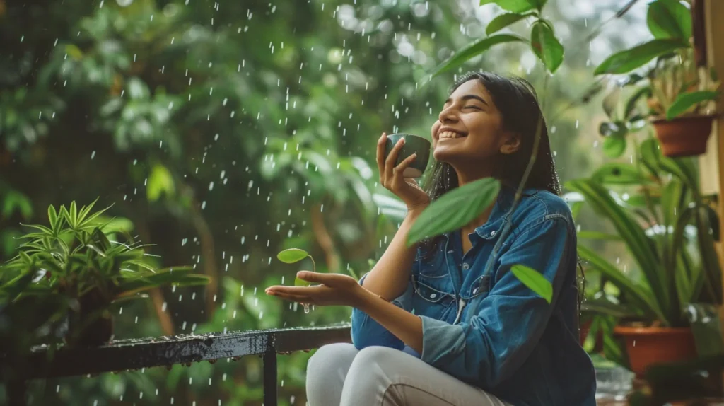 A girl sitting outdoors in a light monsoon drizzle, reflecting Varsha Ritucharya for skin and hair wellness.