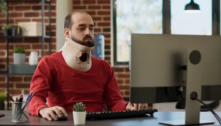 IT professional experiencing neck pain from prolonged desk work, a common concern addressed through deep tissue massage.