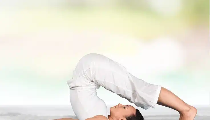 Yoga stretch pose to support flexibility, posture, and relaxation.