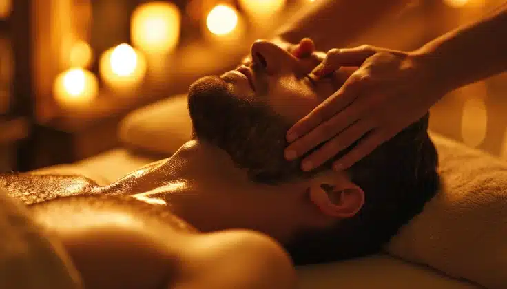 Guest enjoying head massages to ease scalp tension and promote deep relaxation.