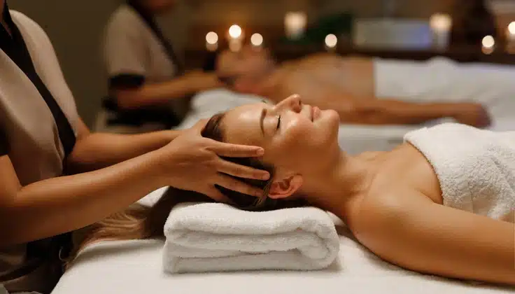 Guest enjoying head massages for relaxation and relief from everyday stress.