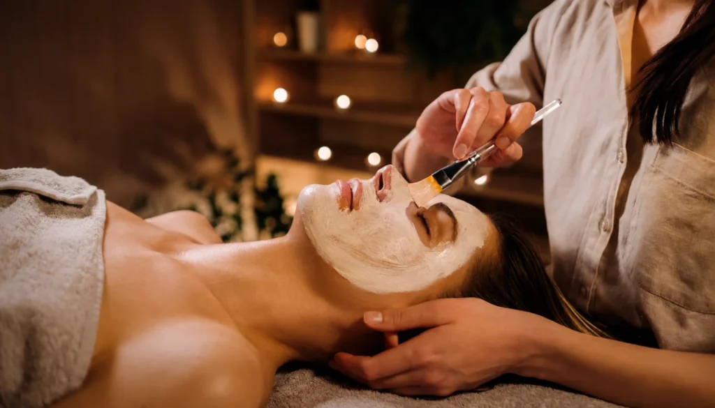 Therapist applying a nourishing face mask during a Shine Facial treatment for healthy, glowing skin.