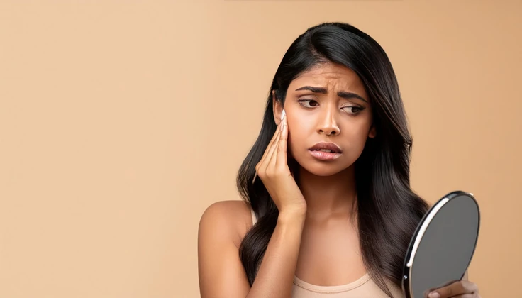 Person concerned about dull and tired-looking skin before a Rejuvenating Facial treatment.