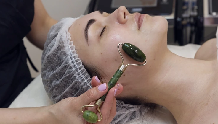 Pure Facial treatment with a jade roller for a soothing skincare experience.