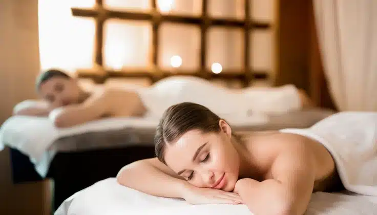 Two people relaxing together during a peaceful spa wellness experience.