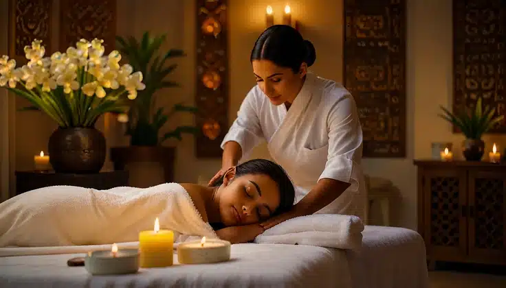 Guest receiving massage therapy in a calming spa environment for relaxation and stress relief.