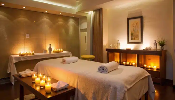 Warm and peaceful spa treatment room prepared for a relaxing wellness session.