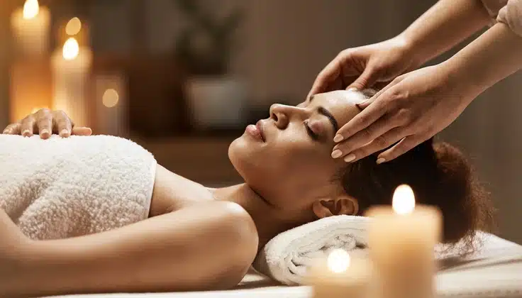 Guest receiving an Ayurvedic head massage for an Abhyanga vs Potli Massage therapy comparison.