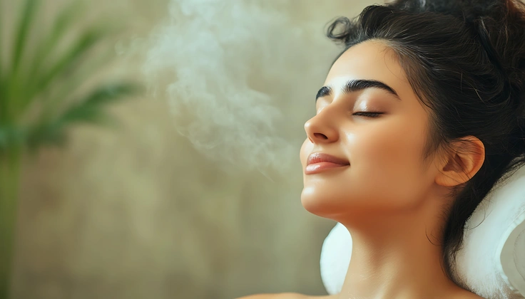 Woman relaxing during a peaceful spa wellness treatment with steam and aromatherapy.