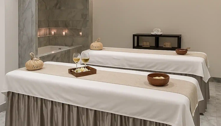 Romantic couple spa room with two massage beds prepared for an anniversary experience.