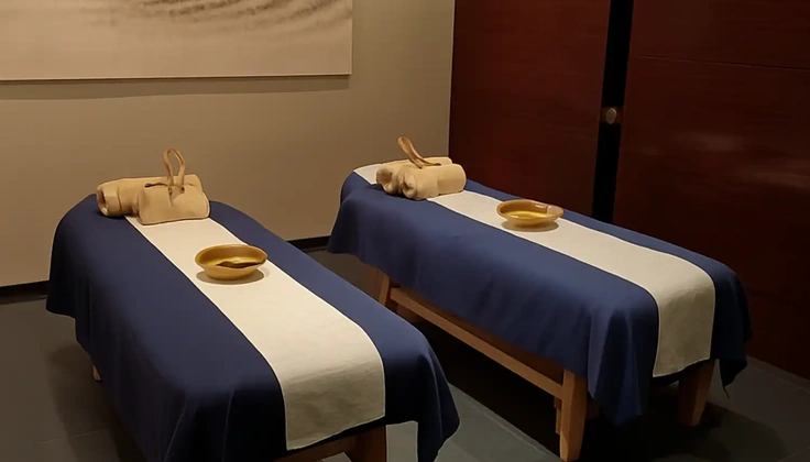 Couple massage room prepared for a romantic spa experience for two.